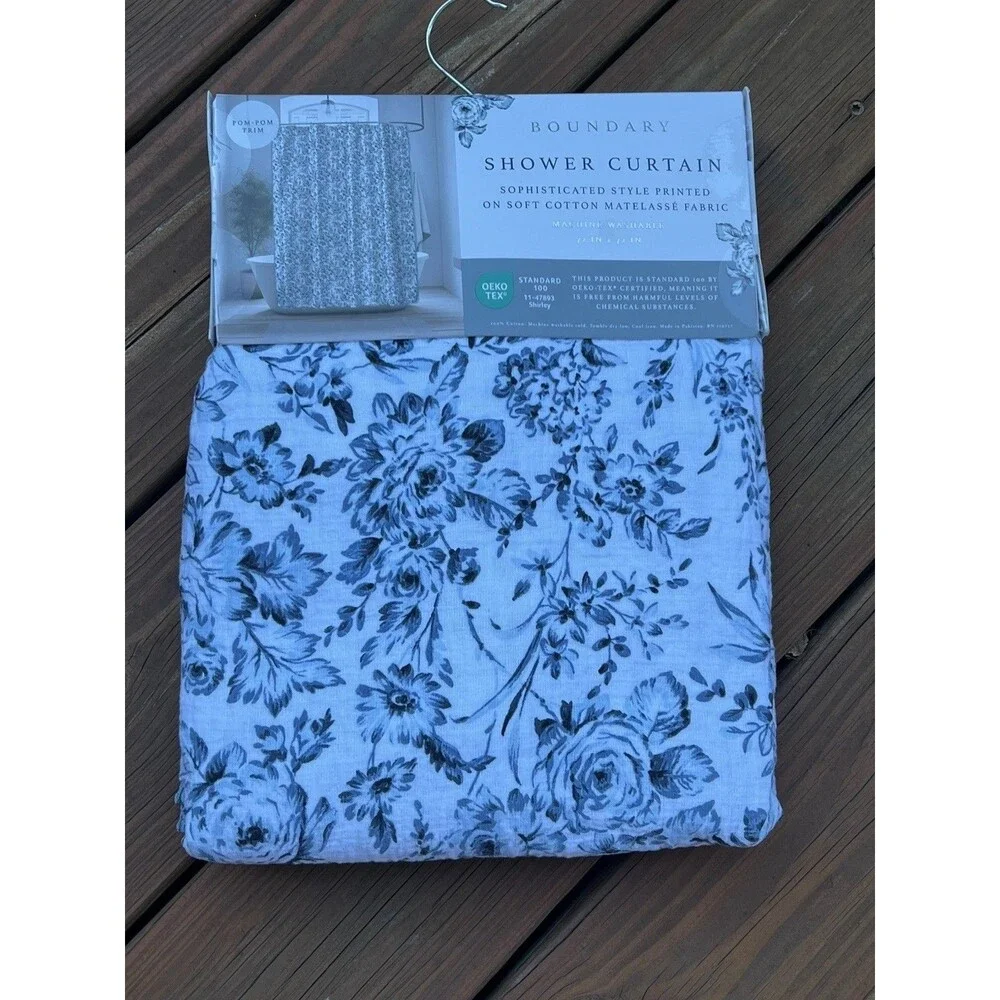 Boundary Shower Curtain Soft Cotton Matelasse Fabric White Blue Floral Trim New